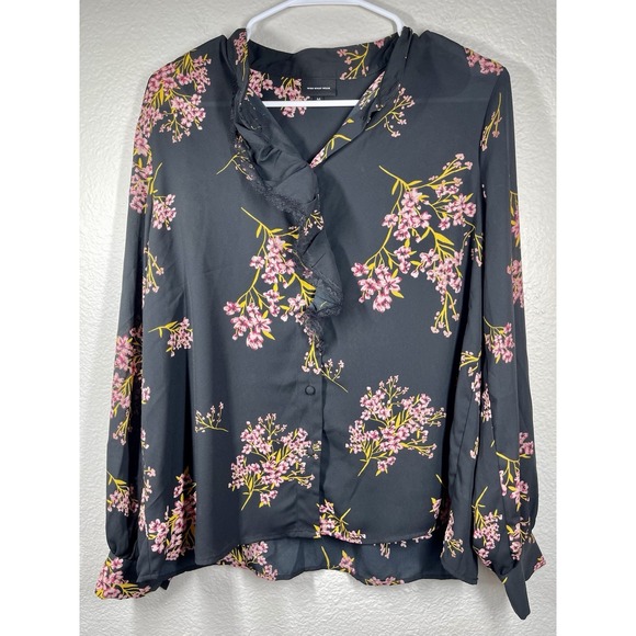 WHO WHAT WEAR Sz Med black floral, long sleeve Blouse, Cottage Core Flowy  Sheer - Picture 1 of 10